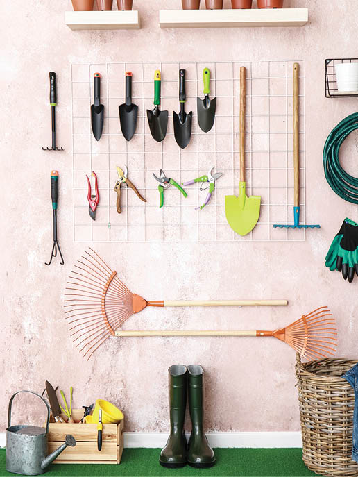 Different gardening supplies in barn