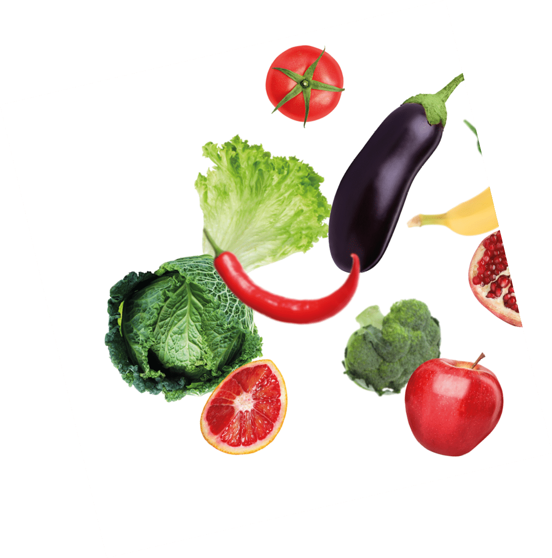 Many fresh vegetables and fruits falling on white background