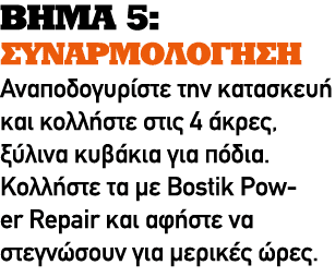 ΒΗΜΑ 5: ΣΥΝΑΡΜΟΛΟΓΗΣΗ Αναποδογυρίστε την κατασκευή και κολλήστε στις 4 άκρες, ξύλινα κυβάκια για πόδια. Κολλήστε τα μ...