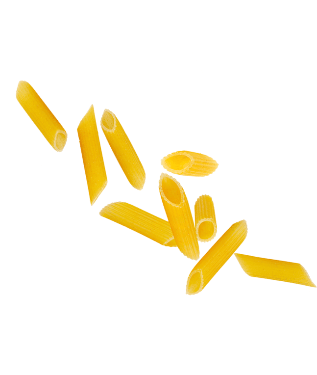 Italian pasta penne rigate flying in space isolated on white