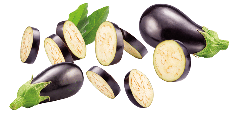 Eggplant or aubergine and eggplant slices levitating in air isolated on white background. File contains clipping path.