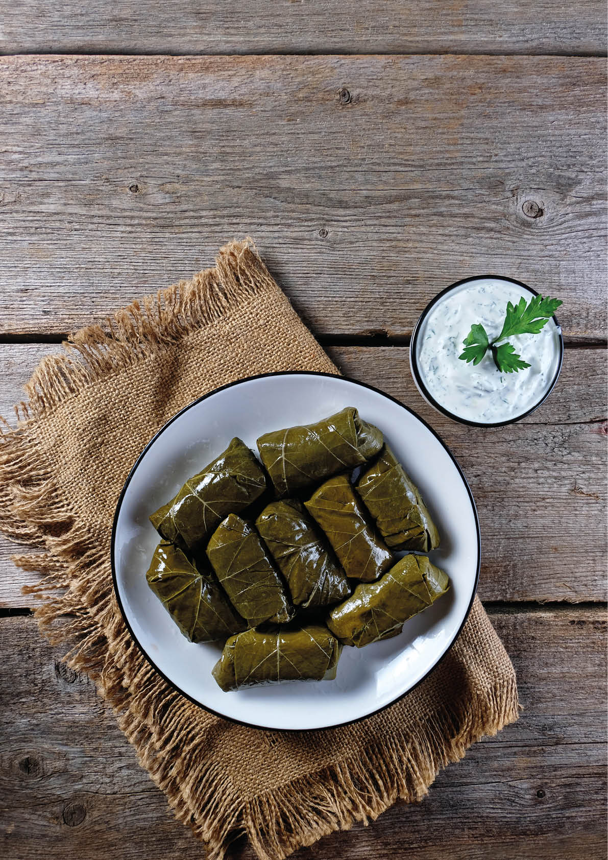 Lebanese dolma Sarma on a white plate and burlap napkins. Served with yogurt sauce. Copy space.