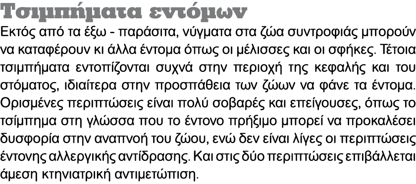 Τσιμπήματα εντόμων Εκτός από τα έξω παράσιτα, νύγματα στα ζώα συντροφιάς μπορούν να καταφέρουν κι άλλα έντομα όπως οι...