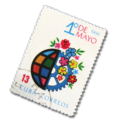 MOSCOW, RUSSIA - JULY 15, 2017: Rare stamp printed in Cuba shows Globe and gear devoted to Workers day 1st of May, circa 1966