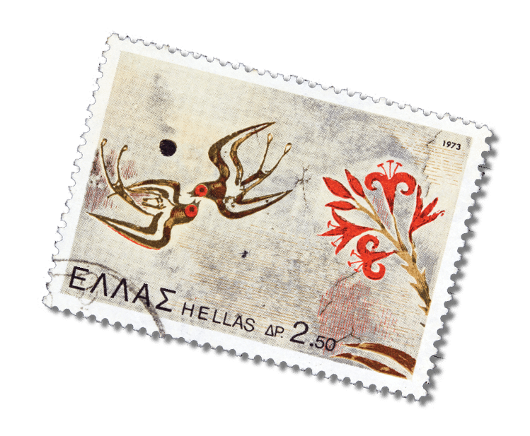 GREECE - CIRCA 1973: A stamp printed in Greece from the “Archaeological Discoveries, Island of Thera" issue shows Swallows and flowers, circa 1973.