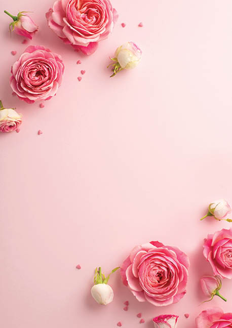8-march concept. Top view photo of pink peony roses and sprinkles on isolated pastel pink background with blank space