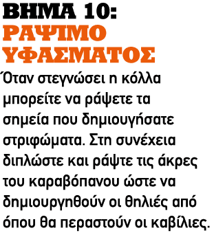 ΒΗΜΑ 10: ΡΑΨΙΜΟ ΥΦΑΣΜΑΤΟΣ Όταν στεγνώσει η κόλλα μπορείτε να ράψετε τα σημεία που δημιουγήσατε στριφώματα. Στη συνέχε...