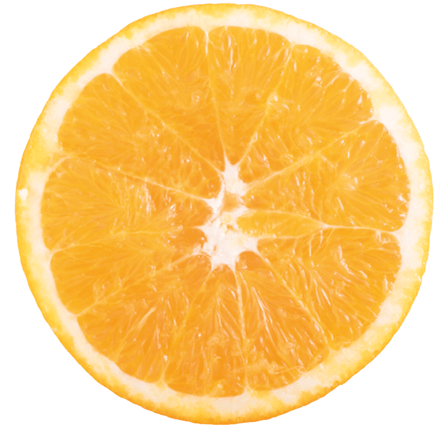 Slice of fresh orange isolated on white background.