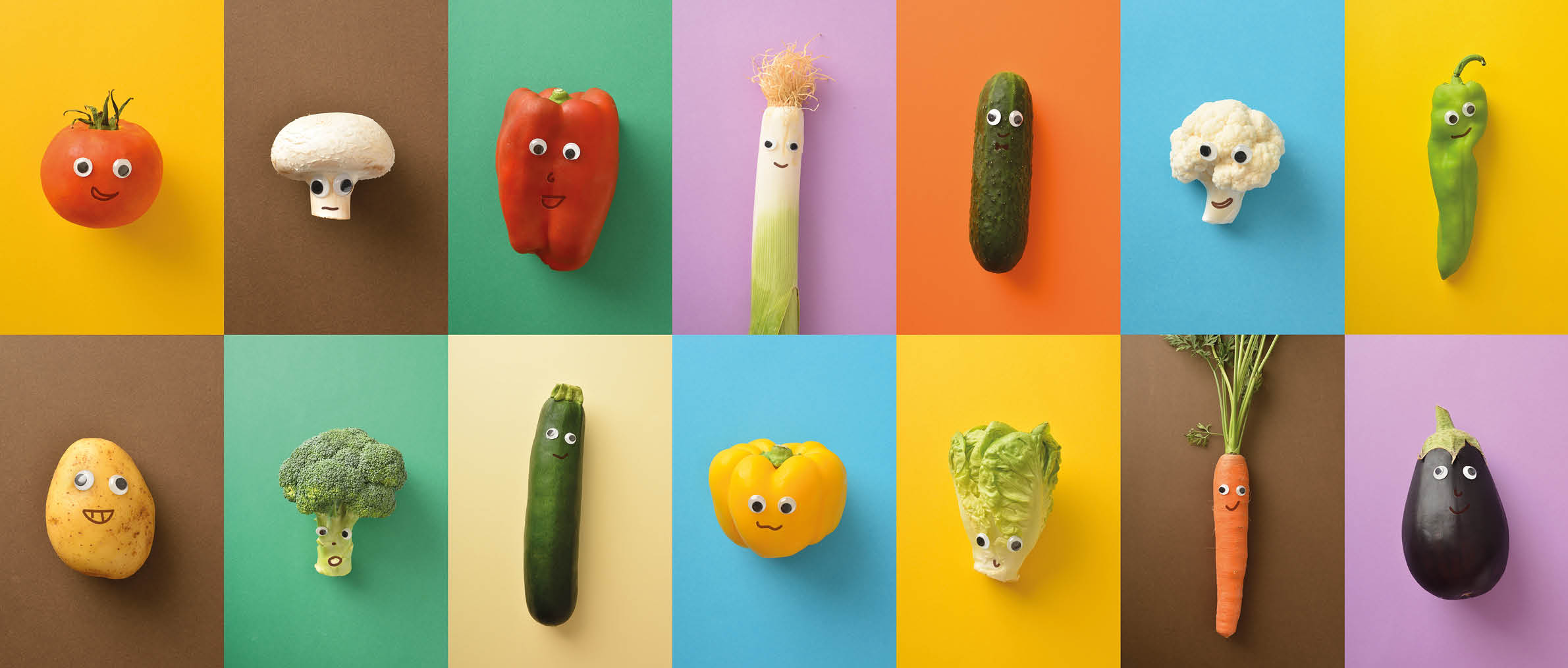 Set of colorful funny vegetables with face on isolated color background. Vegetables child healthy eating concept.