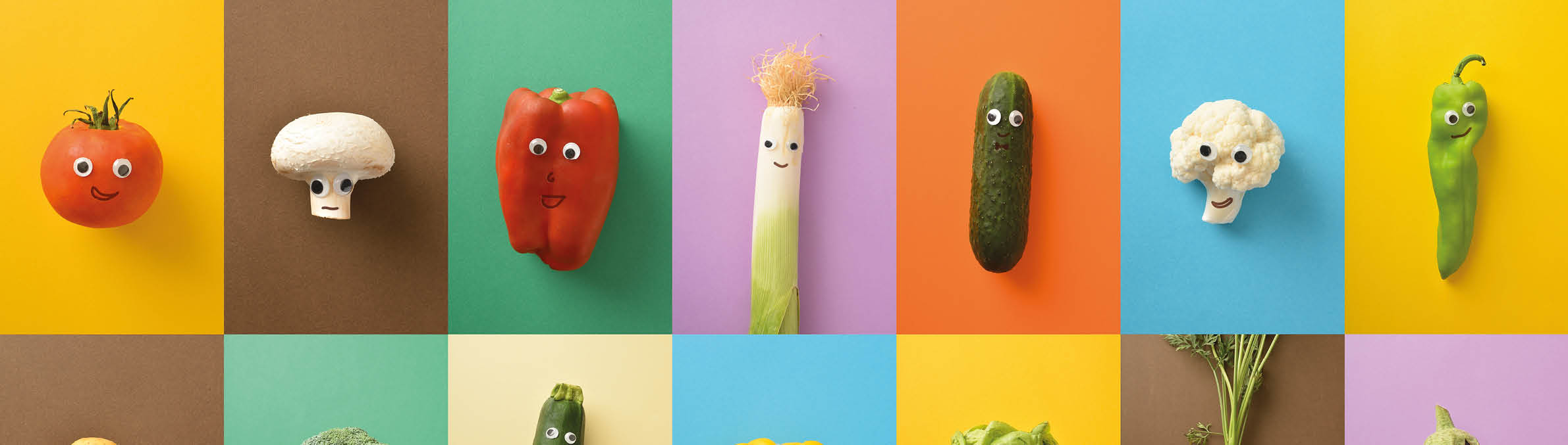 Set of colorful funny vegetables with face on isolated color background. Vegetables child healthy eating concept.