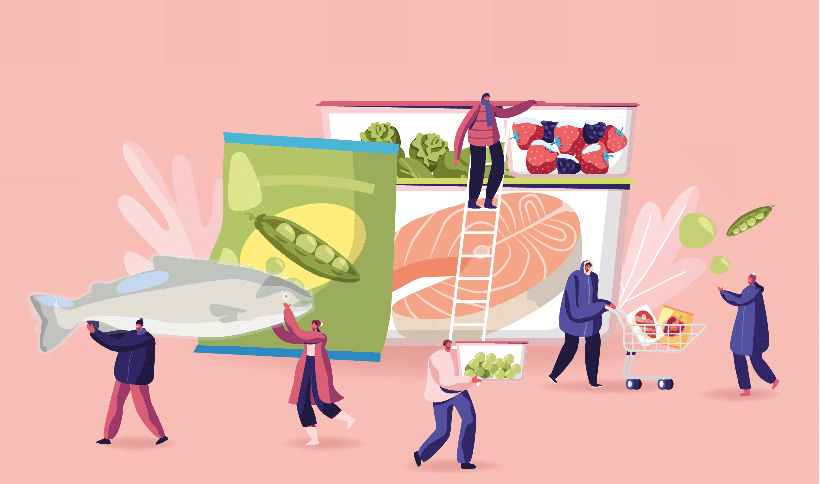 Frozen Food Concept. Tiny Male and Female Characters Buying and Cooking Natural Iced Products Fresh Vegetables, Fruits Meat and Fish. Healthy Eating, Conservation Cartoon Flat Vector Illustration