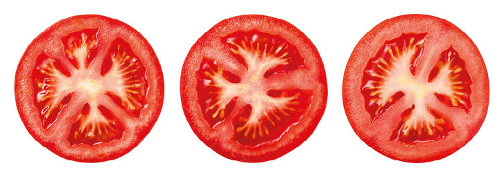 Tomato slice top view isolate. Tomato on white background. Set of round tomato slices. With clipping path.