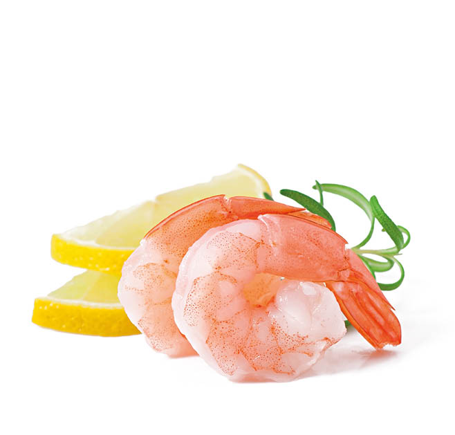 Two tail of shrimp with fresh lemon and rosemary on the white