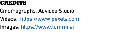 CREDITS Cinemagraphs: Advidea Studio Videos: https://www.pexels.com Images: https://www.lummi.ai