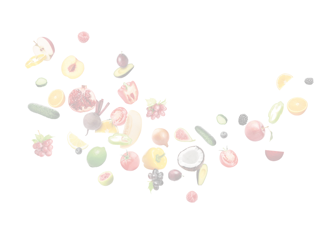 Different fresh fruits and vegetables in air on white background