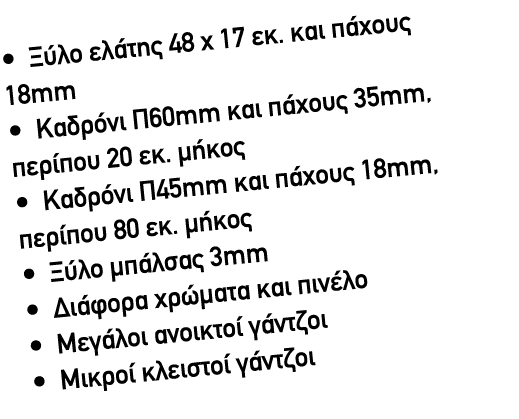 – Ξύλο ελάτης 48 x 17 εκ. και πάχους 18mm – Καδρόνι Π60mm και πάχους 35mm, περίπου 20 εκ. μήκος – Καδρόνι Π45mm και π...