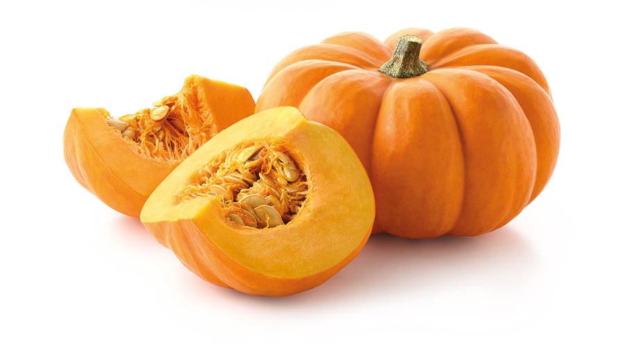 Set of fresh whole, half and sliced pumpkins isolated on white background